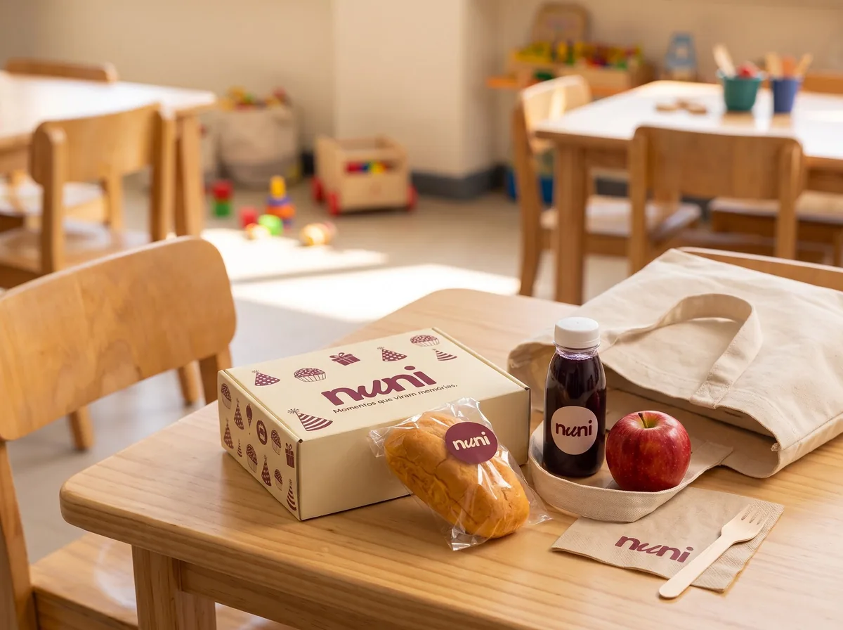 Lanche da Nuni na mesa da sala de aula: caixa, pão, suco, maçã e guardanapo com a marca